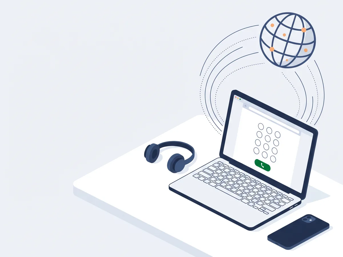 Illustration: laptop with a browser dial pad and call button, headset next to it, smartphone lying unused on the desk