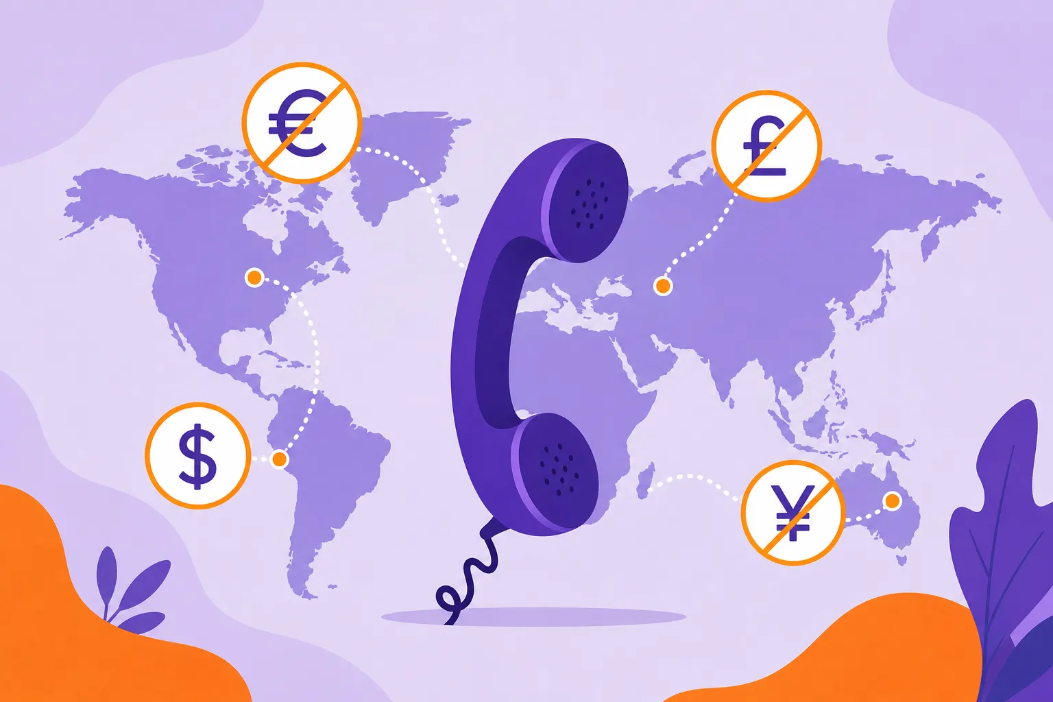 Phone handset with international currency symbols and world map illustrating cheap international calls