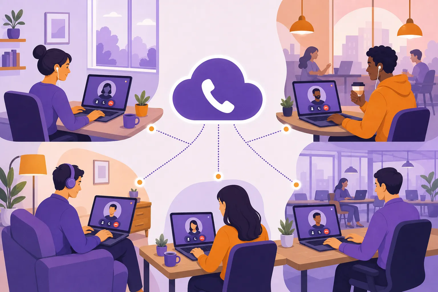 Remote team members working from different locations connected through cloud telephony