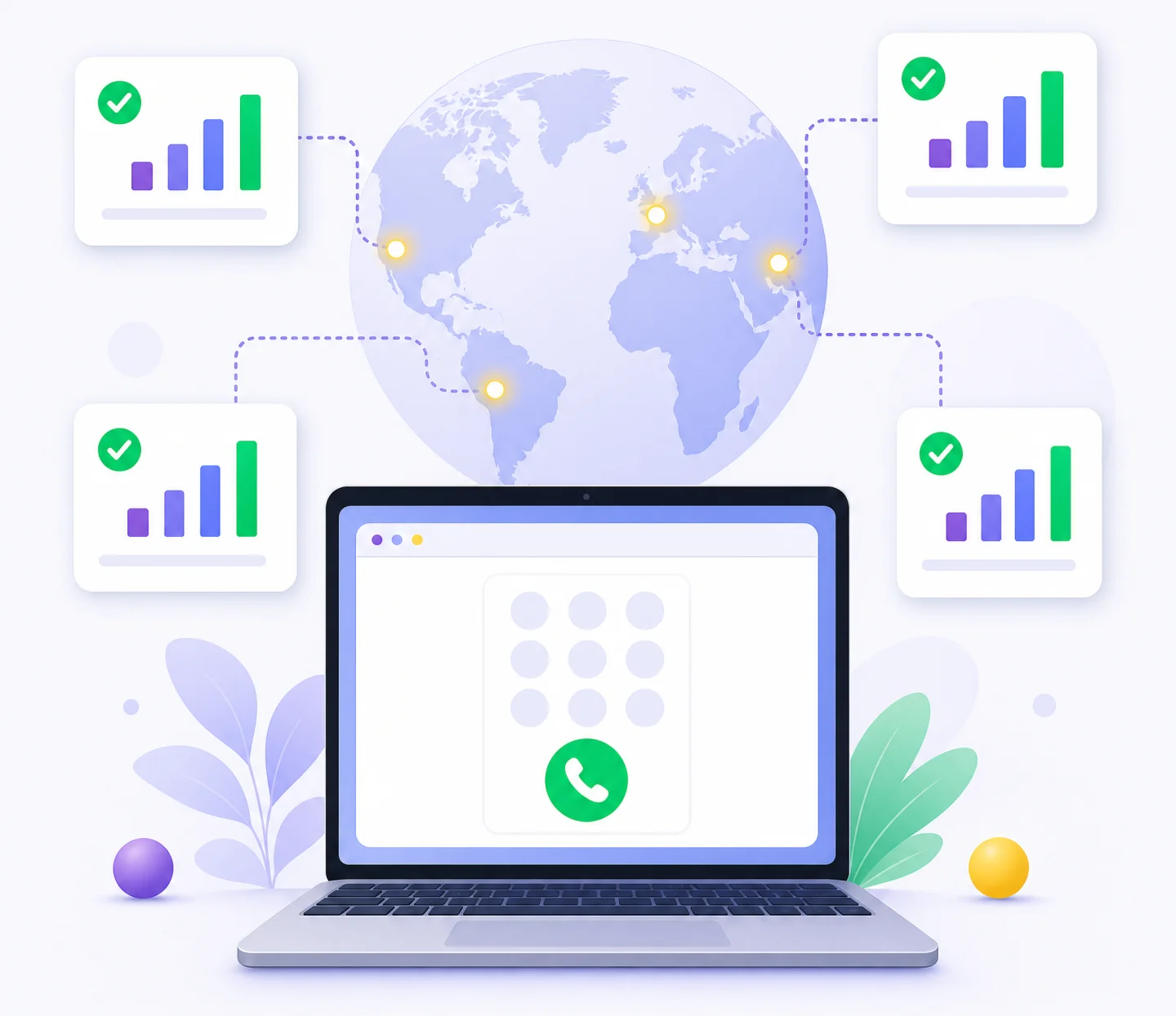 Illustration: laptop with a browser dial pad, a globe and four comparison cards