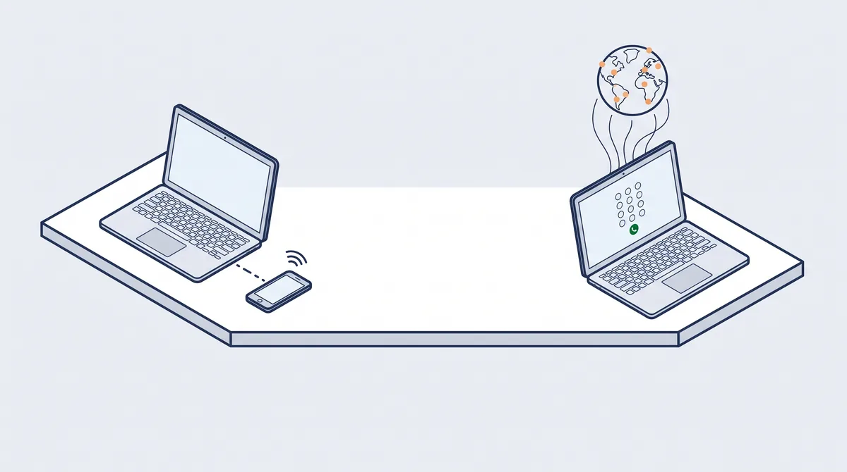 Illustration: on the left a laptop that calls through a nearby smartphone, on the right a laptop calling on its own from the browser