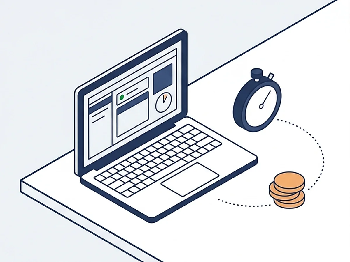 Illustration: laptop with a call timer, a stopwatch and a small stack of coins, showing per-second billing